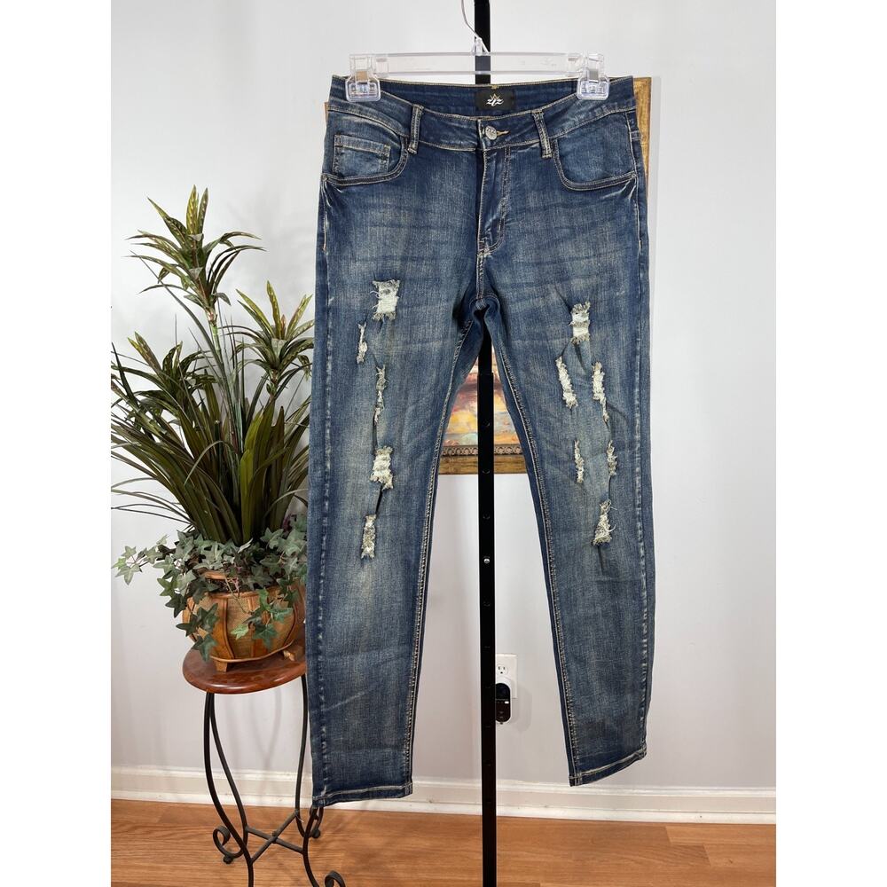ZLZ Denim Jeans Women's 31W Blue Distressed Punk Rock Moto Inspired Indie Sleaze